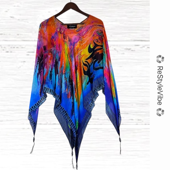 DILEMMA NEW YORK Women’s Size O/S Poncho Silk Art NWT Picasso-2 Style Beads - Picture 1 of 15